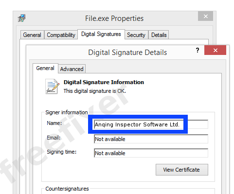 Screenshot of the Anqing Inspector Software Ltd. certificate